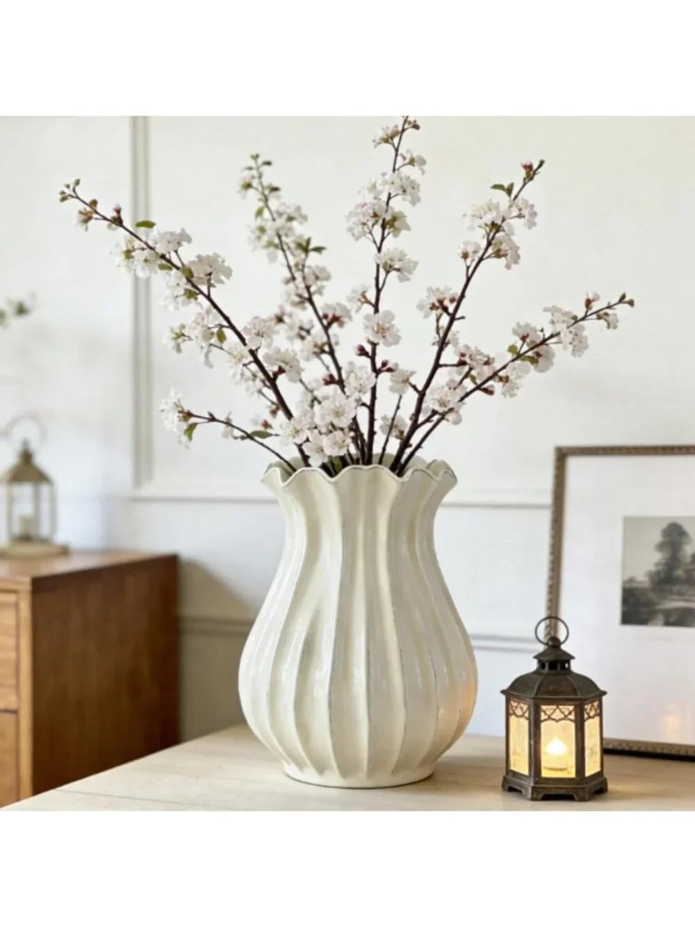 Vintage White Pleated Ceramic Vase for Flowers | Stylish Home Decor Centerpiece